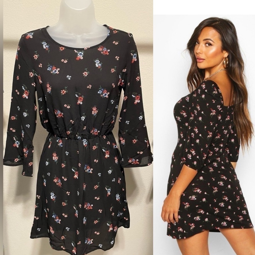 H&M Women Dress Size 2 Black Floral Cottagecore Contemporary Cocktail Feminine